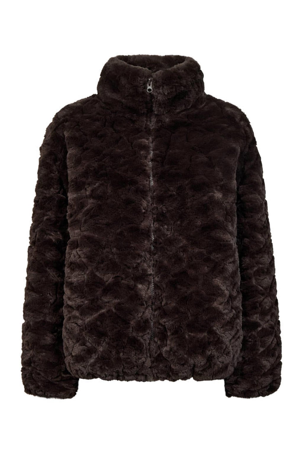 Donkerblauwe dames FREEQUENT faux fur jas van polyester met effen, lange mouwen en opstaande kraag