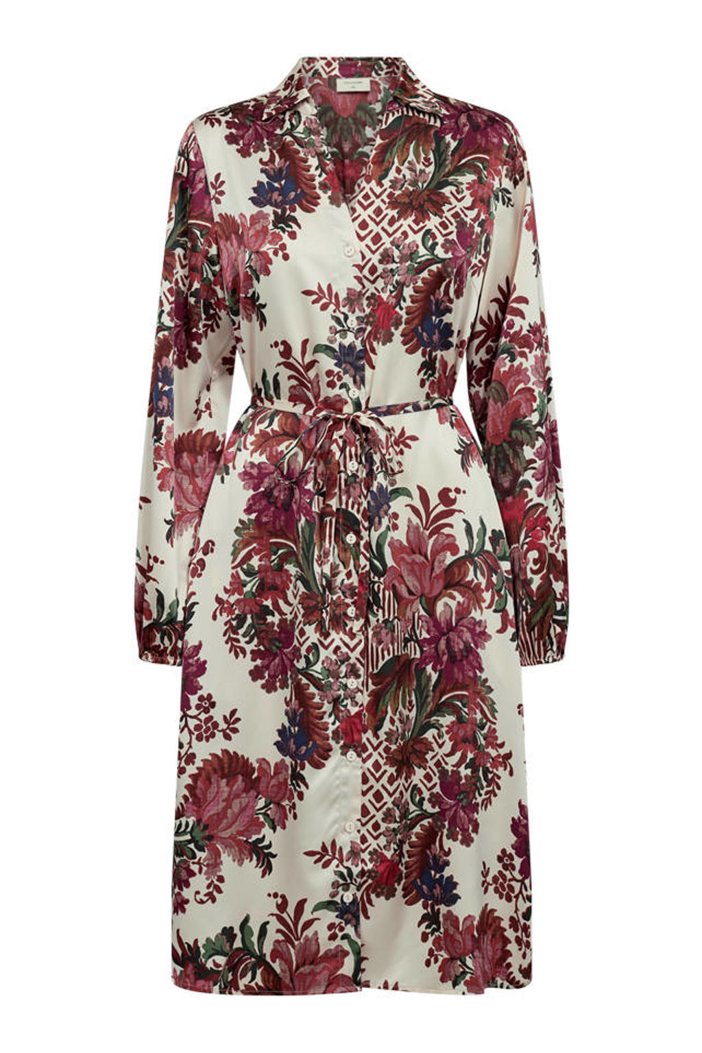 Rood en ecru dames FREEQUENT blousejurk met print met lange mouwen, klassieke kraag, knoopsluiting en ceintuur