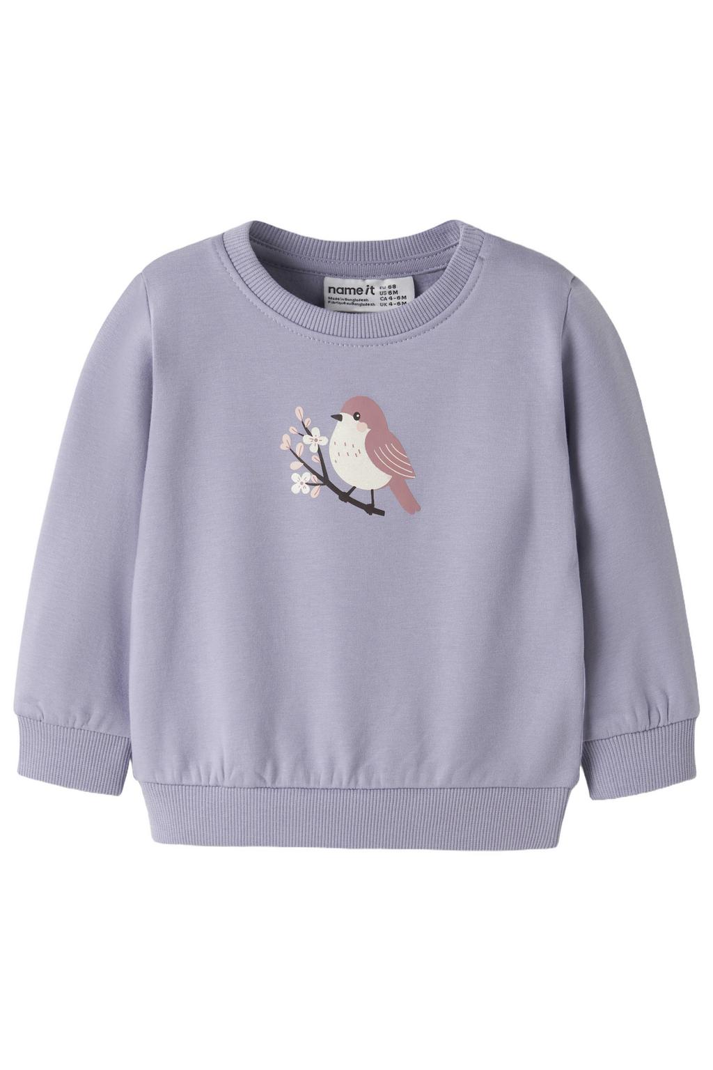 Lilakleurige meisjes NAME IT BABY sweater met printopdruk, lange mouwen, ronde hals en drukknoopsluiting