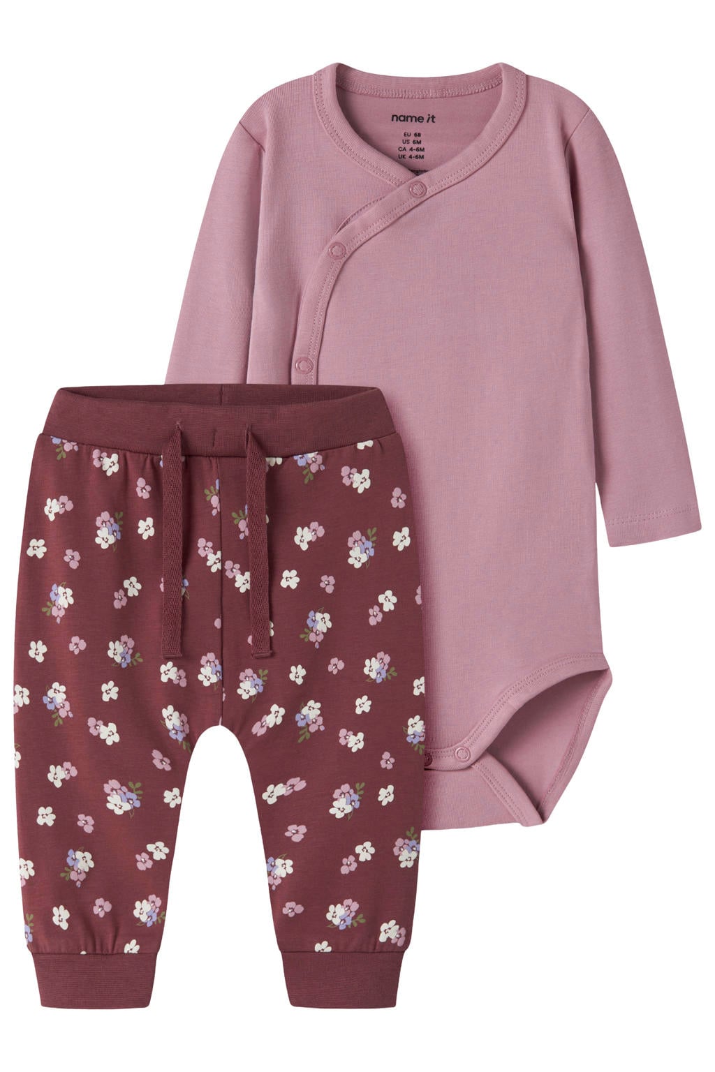 NAME IT BABY katoenen gebloemde broek en romper set - paars