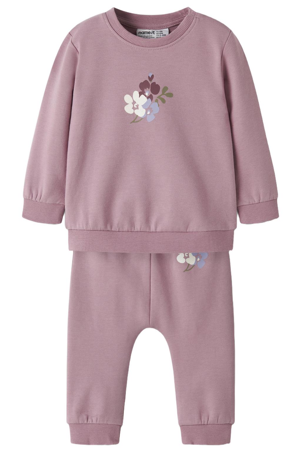 Lilakleurige meisjes NAME IT BABY set met printopdruk, lange mouwen, ronde hals, drukknoopsluiting en geribde boorden