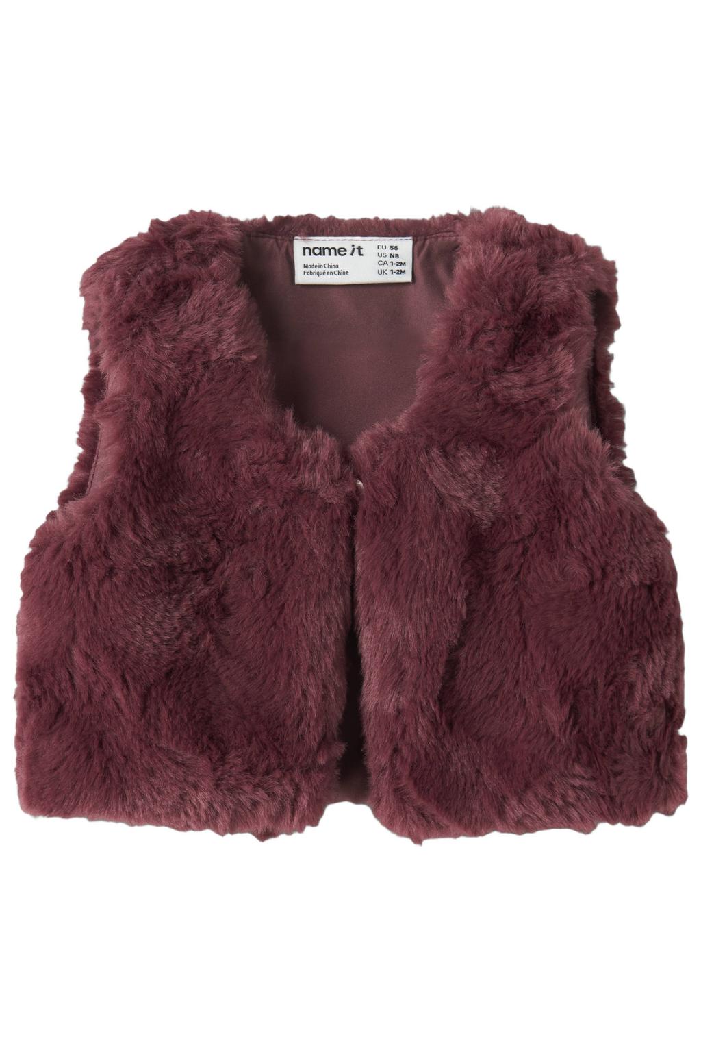 Donkerrode meisjes NAME IT BABY imitatiebont gilet met effen, ronde hals, knoopsluiting en geweven detail