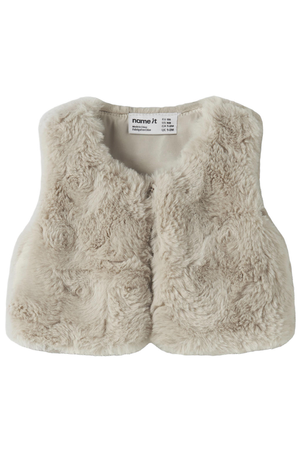 Beige meisjes NAME IT BABY imitatiebont gilet met effen, ronde hals, knoopsluiting en geweven detail