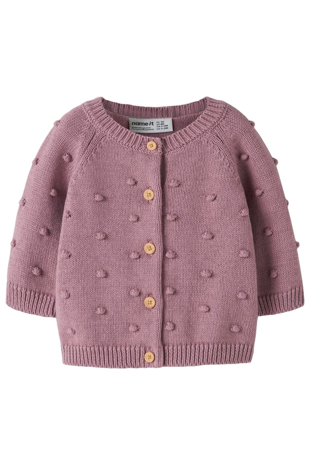 Paarse meisjes NAME IT BABY katoenen rechtvallend gebreide vest met lange mouwen, ronde hals en knoopsluiting