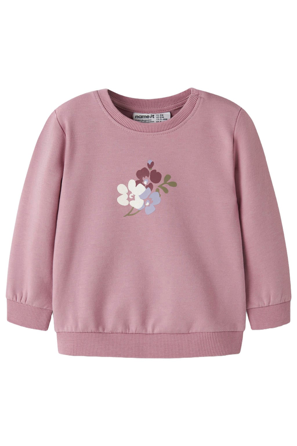 Oudroze meisjes NAME IT BABY sweater met printopdruk, lange mouwen, ronde hals en drukknoopsluiting