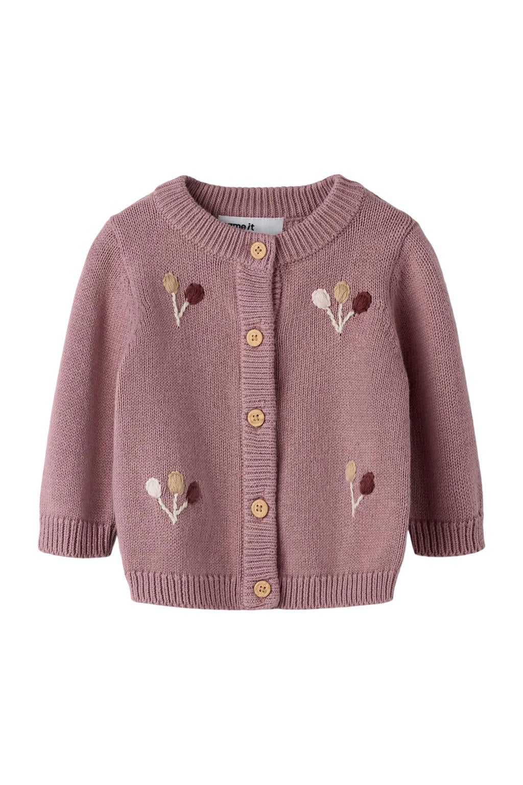 Paarse meisjes NAME IT BABY katoenen gebreide vest en print met lange mouwen, ronde hals, knoopsluiting en borduursels