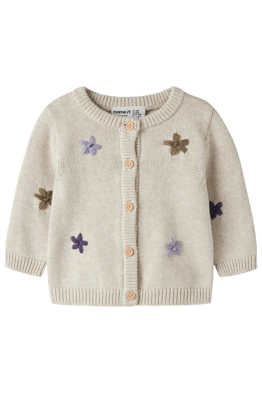 Ecru meisjes NAME IT BABY katoenen rechtvallend gebreid vest met lange mouwen, ronde hals, knoopsluiting en borduursels