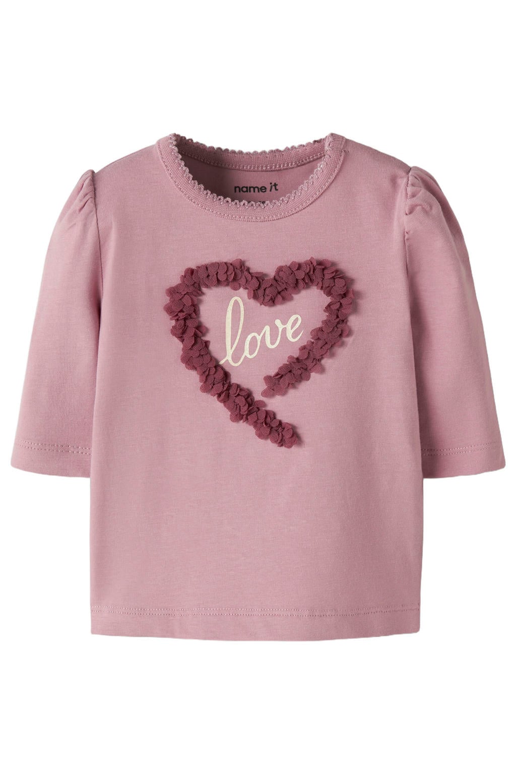 Roze meisjes NAME IT BABY T-shirt van stretchkatoen met tekst print, lange mouwen, ronde hals en 3D applicatie