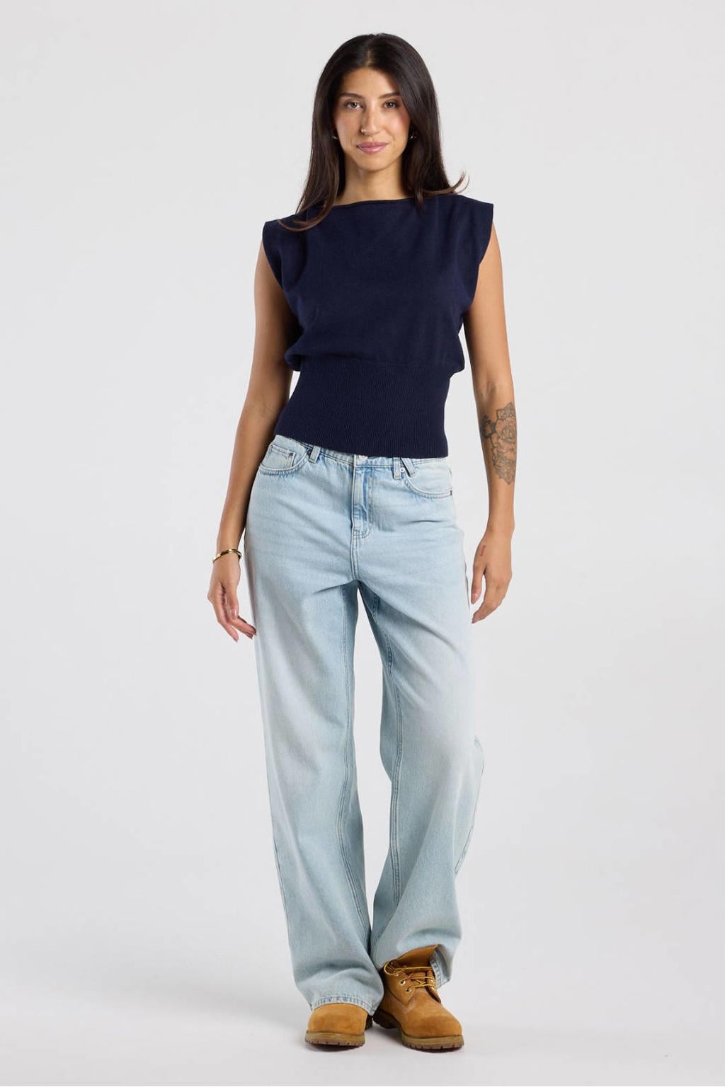 Blauwe dames America Today top van polyester met effen en ronde hals