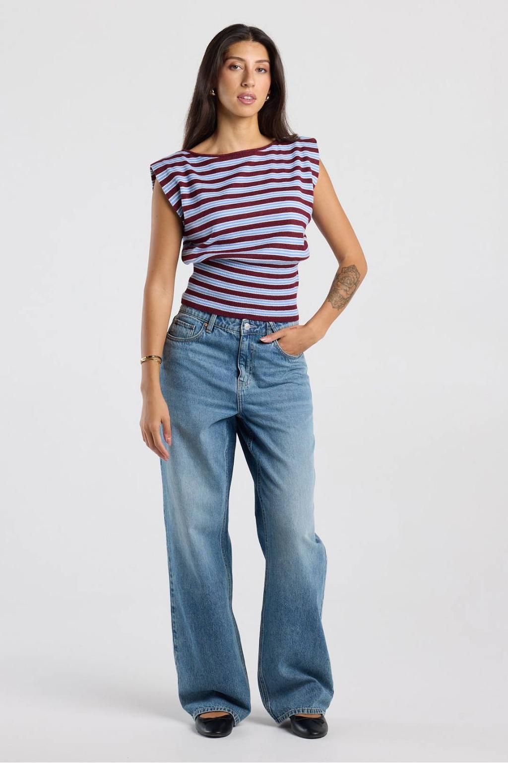 Rood en blauwe dames America Today gestreepte top van polyester met ronde hals