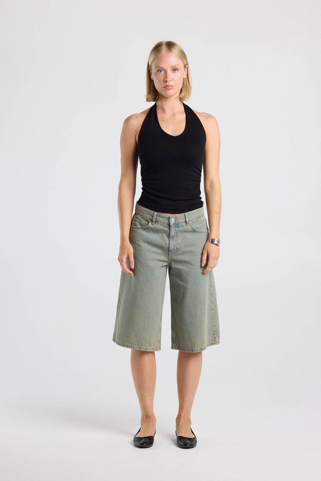 Zwarte dames America Today top van viscose met effen en halterkraag