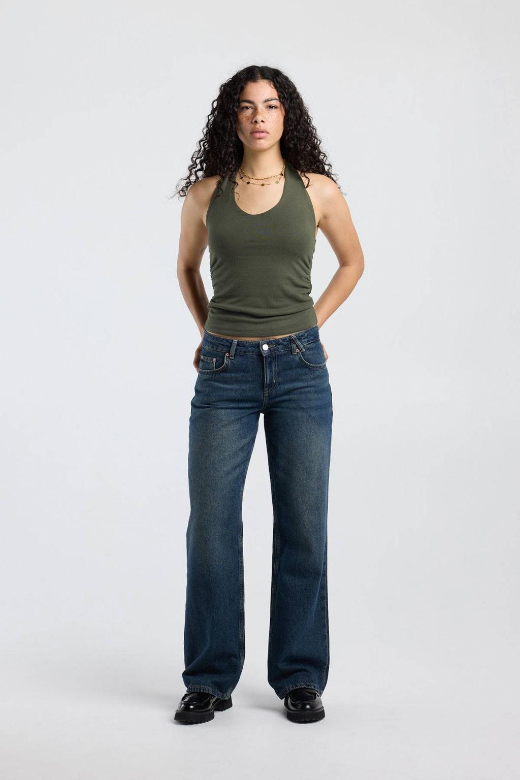 Donkergroene dames America Today top van viscose met effen en halterkraag