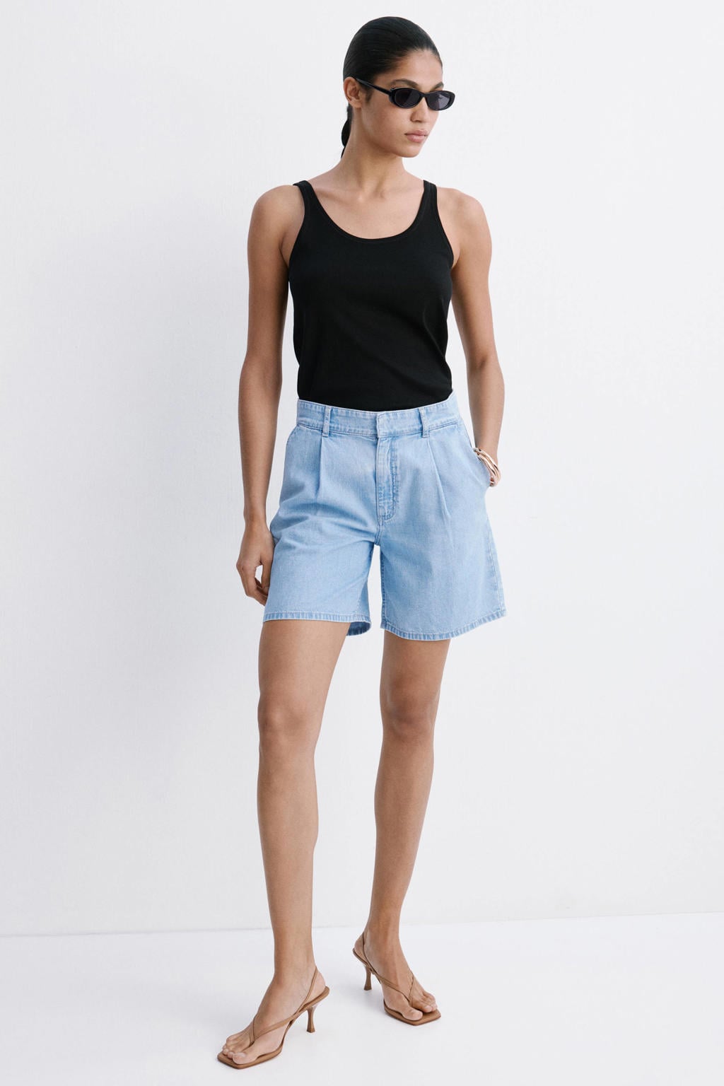 Mango regular fit high waist jorts met linnen - lichtblauw