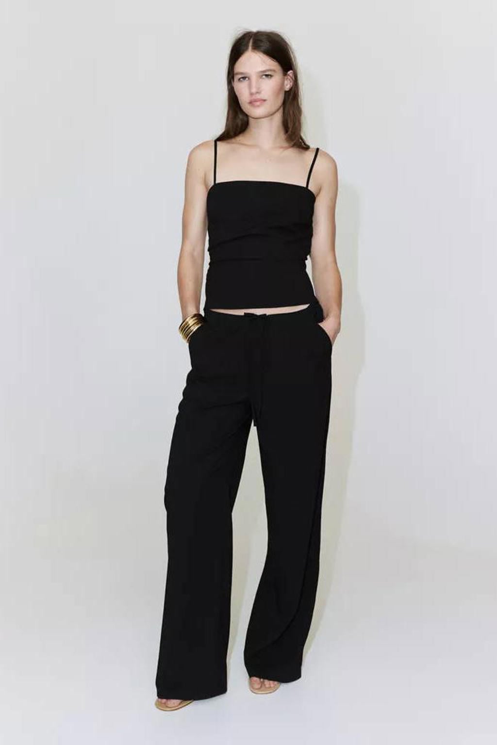 Zwarte dames Mango wide leg broek van viscose met elastische tailleband met koord en effen