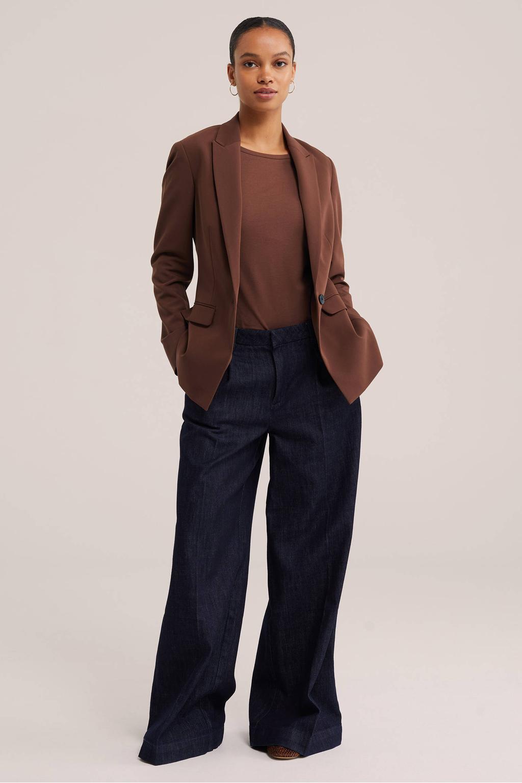 Bruine dames WE Fashion top met effen, driekwart mouwen en ronde hals