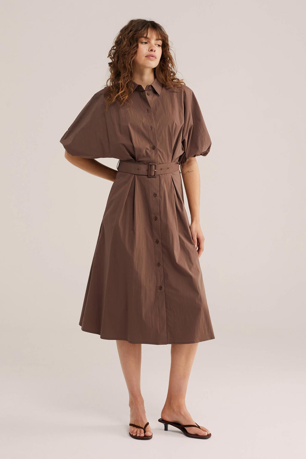 Bruine dames WE Fashion blousejurk van katoen met effen, driekwart mouwen, klassieke kraag, knoopsluiting en ceintuur