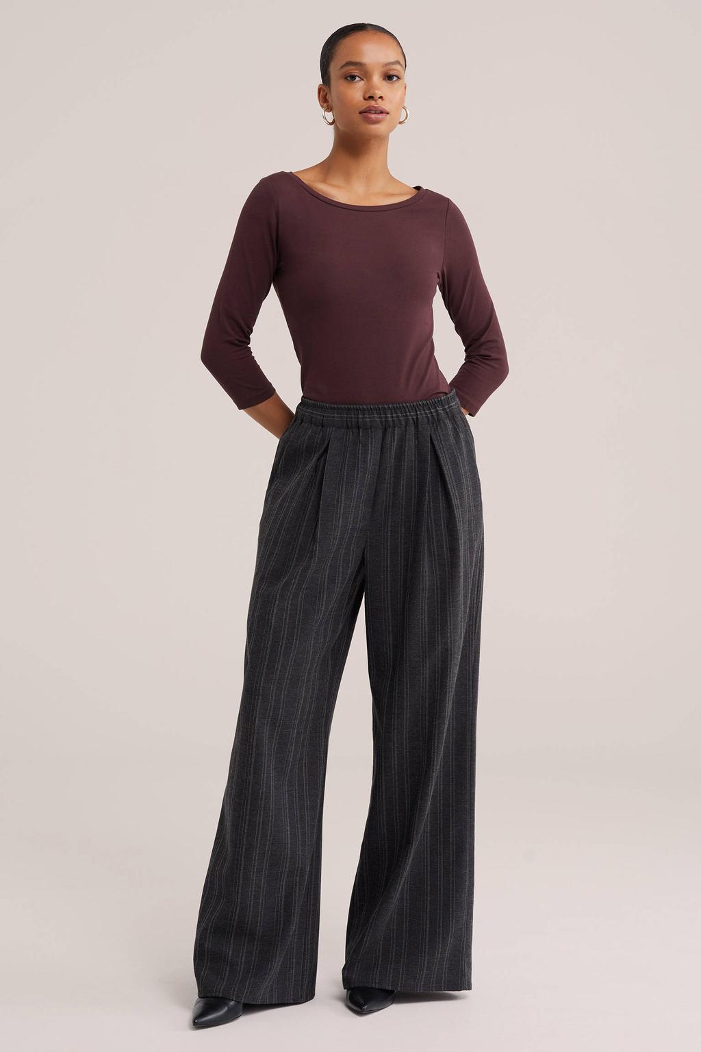 Donkerrode dames WE Fashion top met effen, driekwart mouwen en ronde hals