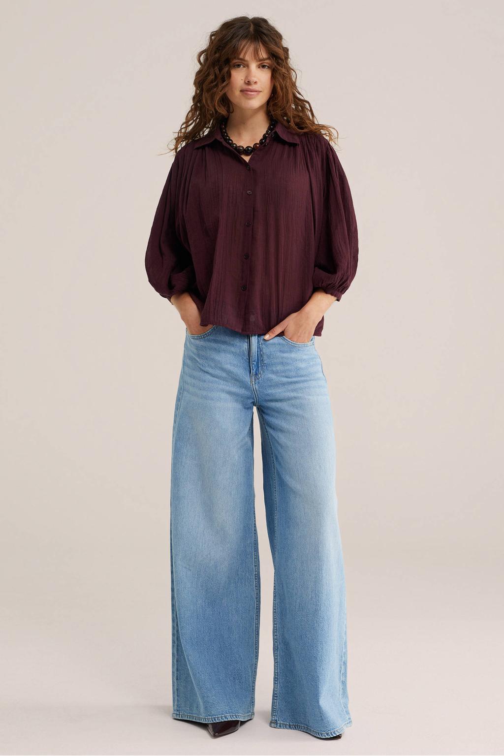 Donkerrode dames WE Fashion blouse van katoen met effen, driekwart mouwen, klassieke kraag en knoopsluiting