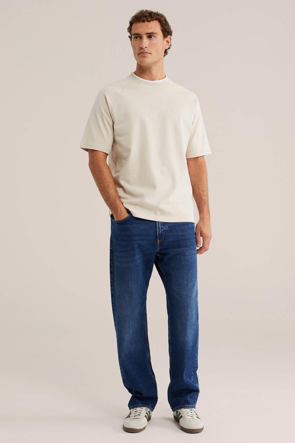 Beige heren WE Fashion relaxed fit T-shirt van katoen met effen, korte mouwen en ronde hals