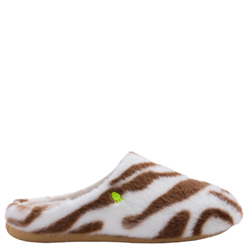 Wit en bruine dames Hot Potatoes imitatiebont pantoffels - van textiel met dierenprint