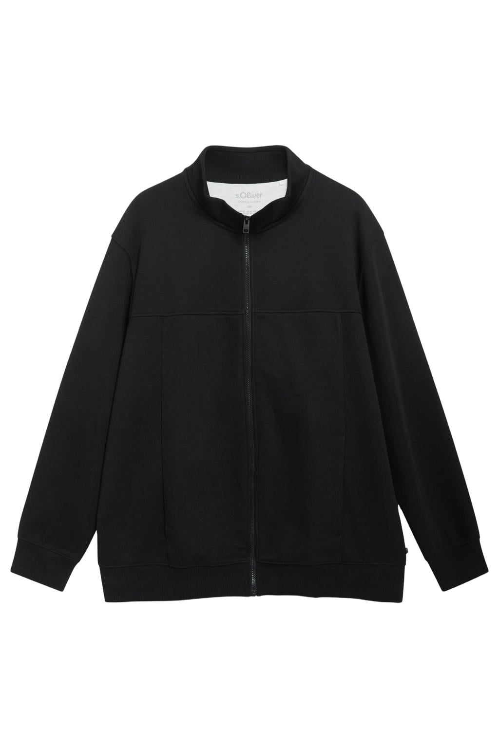 Zwarte heren s.Oliver Big Size sweatvest van katoen met effen, lange mouwen, opstaande kraag en elastische boord