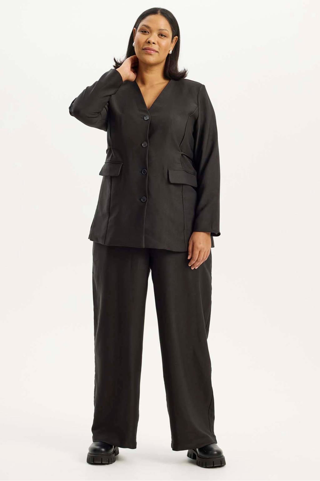Zwarte dames Anyday Plus Size regular blazer van polyester met effen, lange mouwen, reverskraag en knoopsluiting