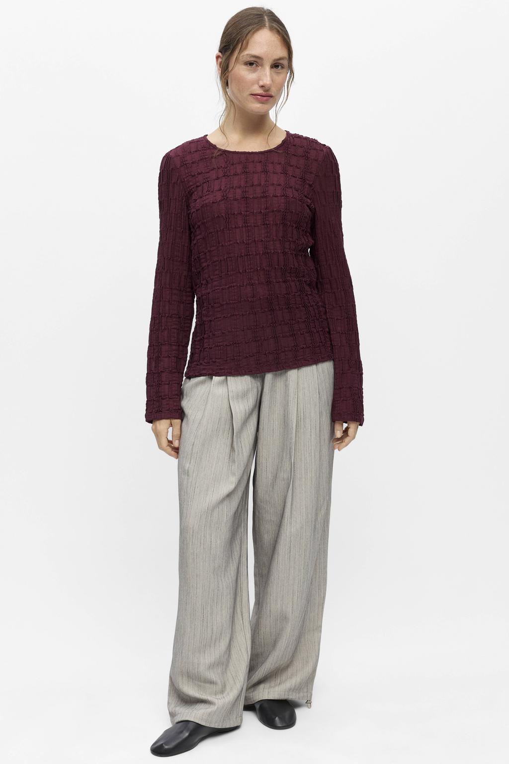 Donkerrode dames OBJECT top van polyester met effen, lange mouwen, ronde hals en textuur