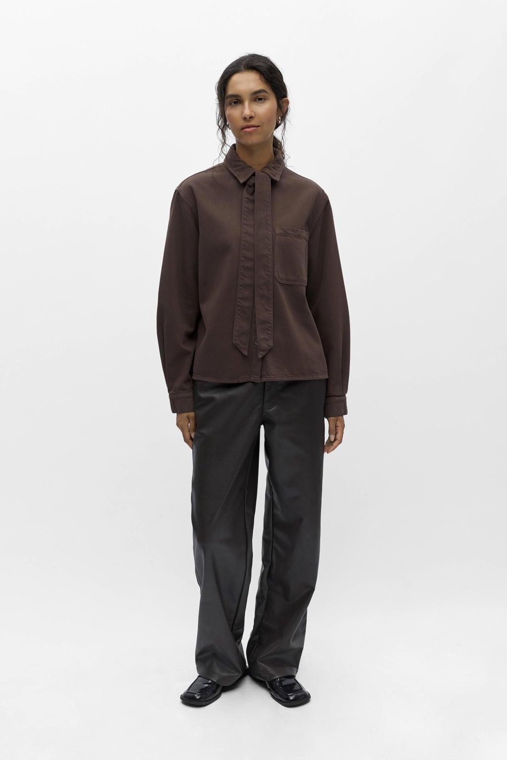 Bruine dames OBJECT blouse van katoen met effen, lange mouwen, klassieke kraag en knoopsluiting