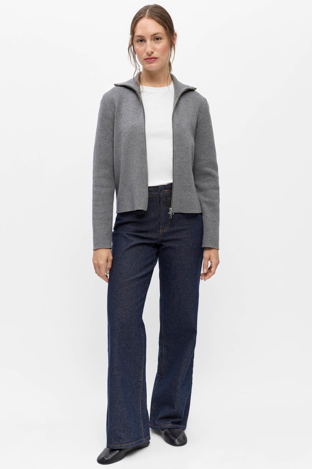 Grijze dames OBJECT gebreide vest van viscose met effen, lange mouwen, col en 2-way rits