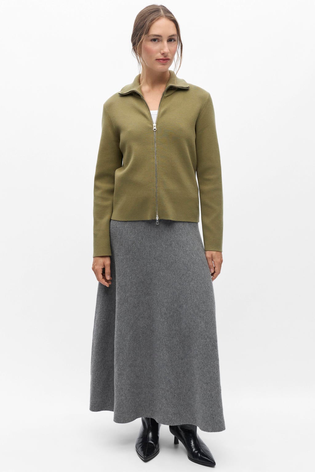 Groene dames OBJECT gebreide vest van viscose met effen, lange mouwen, col en 2-way rits
