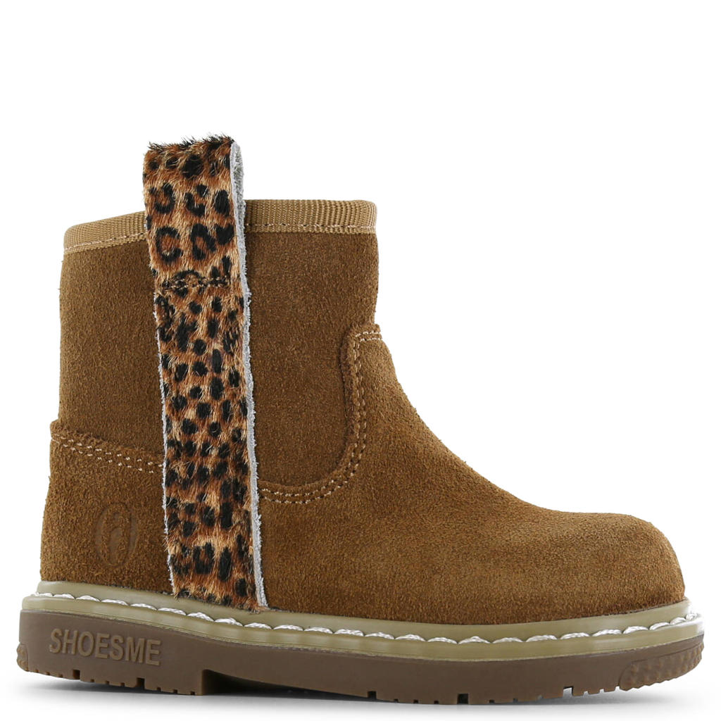 Shoesme suède enkelboots met panterprint - cognac