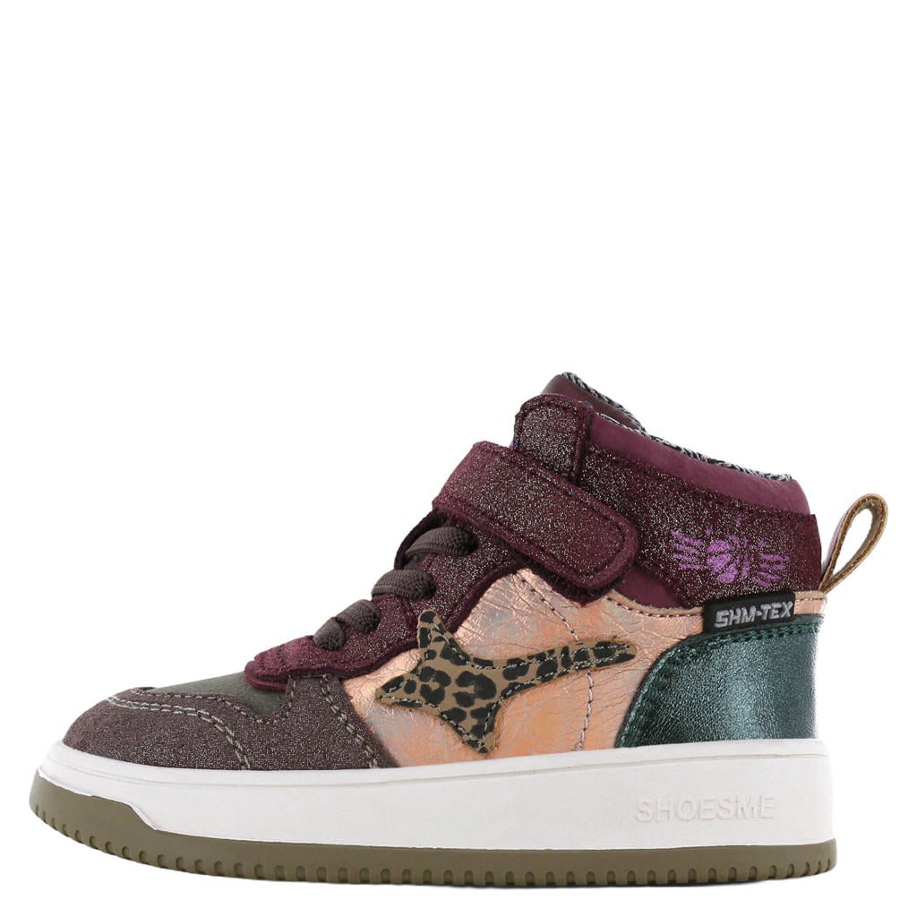 Paars, groen en donkerrode meisjes Shoesme suède sneakers met glitters - met elastische veter- met klittenbandsluiting