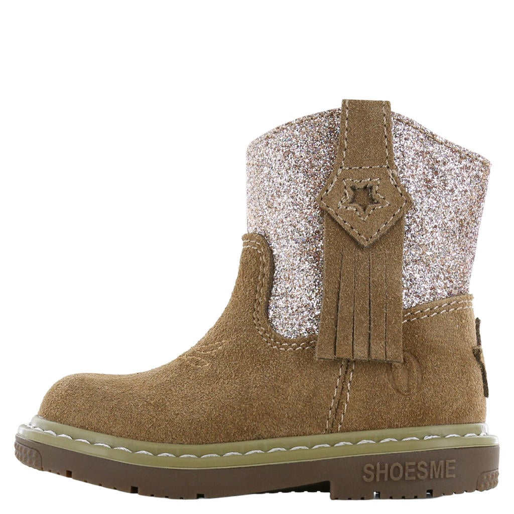Cognac en roze meisjes Shoesme suède enkelboots met glitters - met ritssluiting