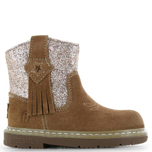 Shoesme suède enkelboots met glitters cognac/roze