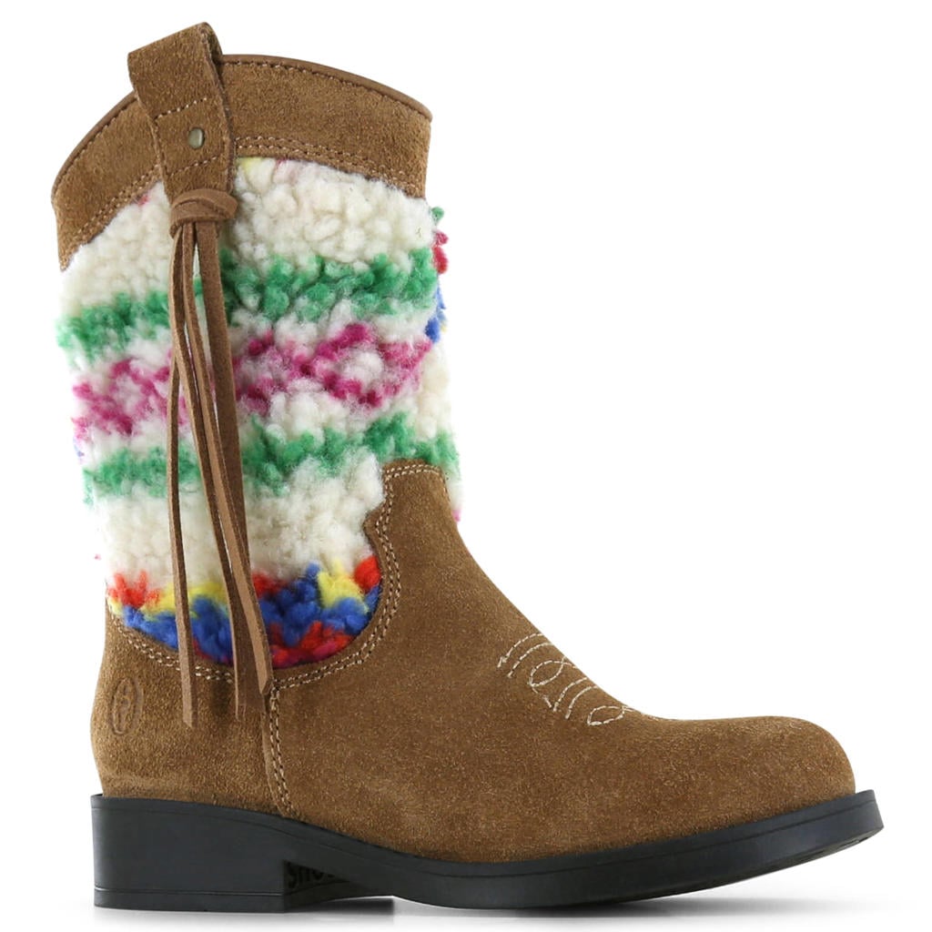 Cognac, beige en roze meisjes Shoesme western suède laarzen met franjes - met ritssluiting