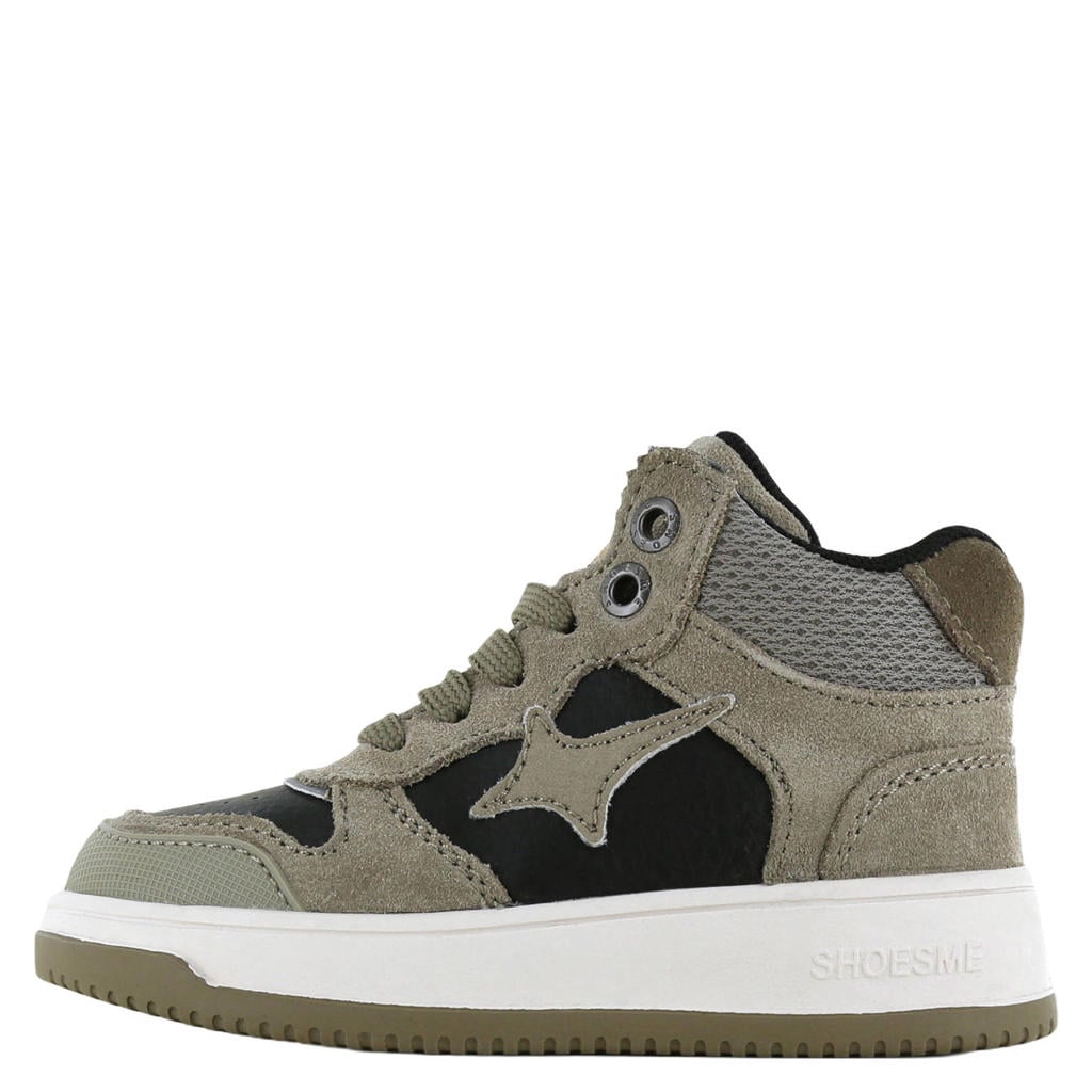 Taupe en zwarte jongens Shoesme suède sneakers - met elastische veter- met klittenbandsluiting