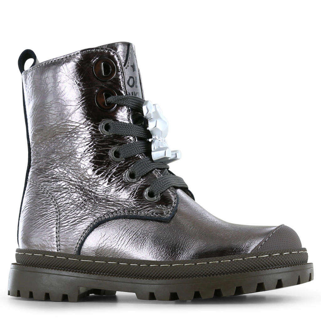 Zilverkleurige meisjes Shoesme suède enkelboots - van imitatieleer met rits- en vetersluiting
