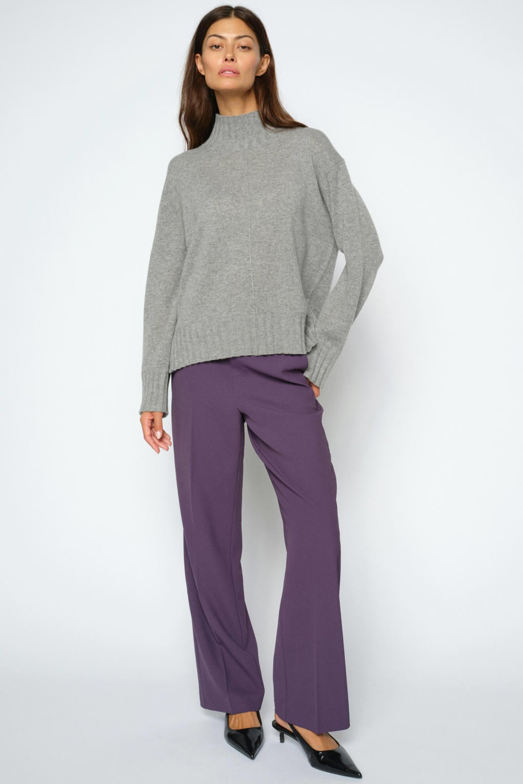 Grijze dames Mos Mosh slim fit regular waist casual broek van polyester met elastische tailleband en effen