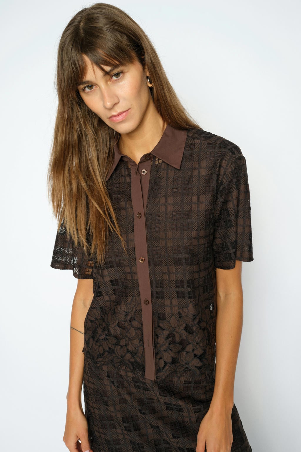 Bruine dames Mos Mosh geruite blouse van polyester met korte mouwen, klassieke kraag en kant