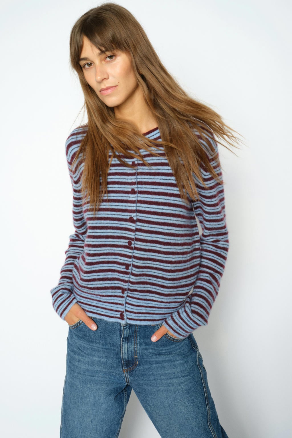 Blauw en bruine dames Mos Mosh gebreide gestreepte vest van polyamide met lange mouwen en ronde hals