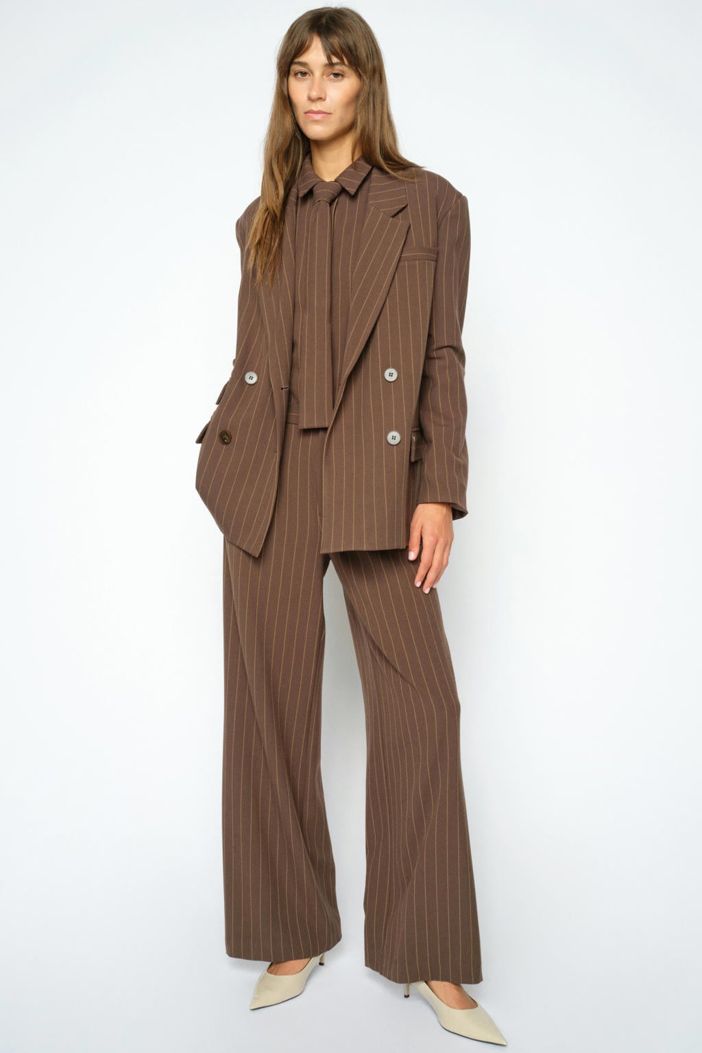 Bruine dames Mos Mosh wide leg broek met high waist, haaksluiting en krijtstreepprint