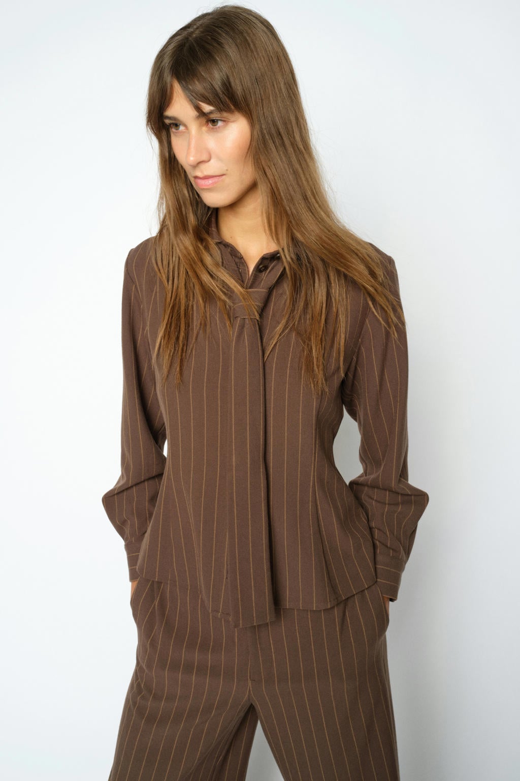 Bruine dames Mos Mosh blouse van polyester met krijtstreepprint, lange mouwen en klassieke kraag