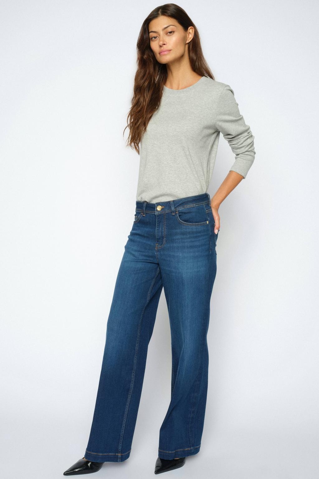 Medium blue denim dames Mos Mosh Dara high waist flared jeans mediumblauw van denim met effen