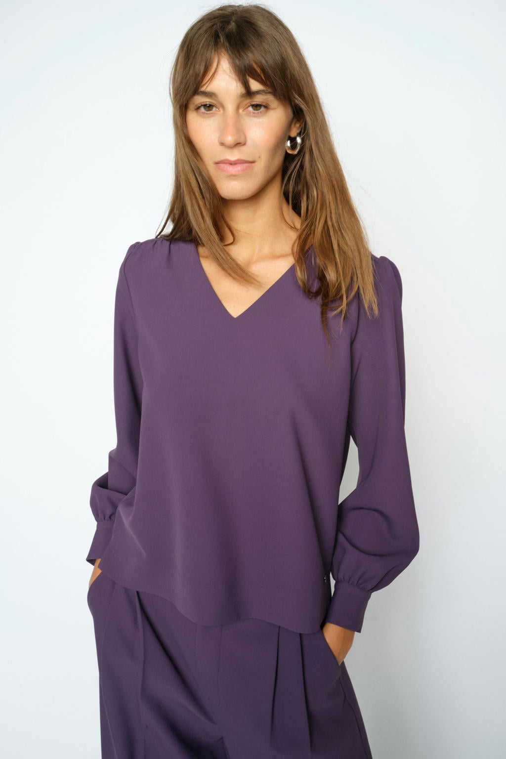 Paarse dames Mos Mosh top van polyester met effen, lange mouwen en V-hals