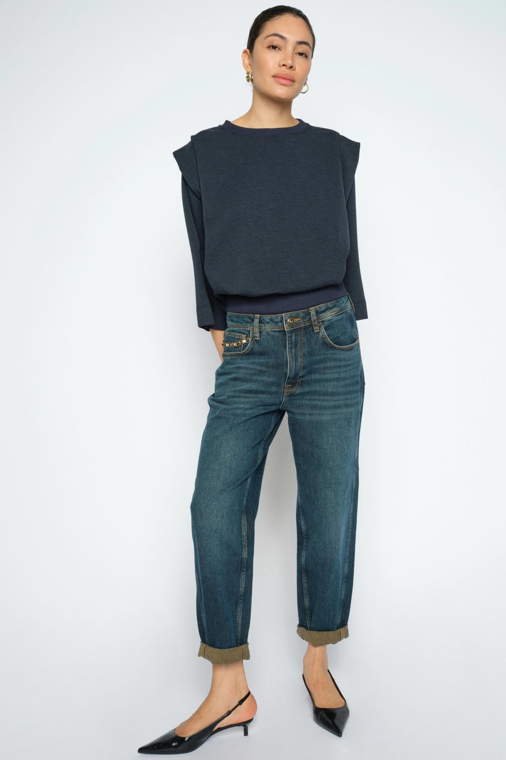 Dark blue denim dames Mos Mosh boyfriend jeans dark blue van denim met high waist en effen