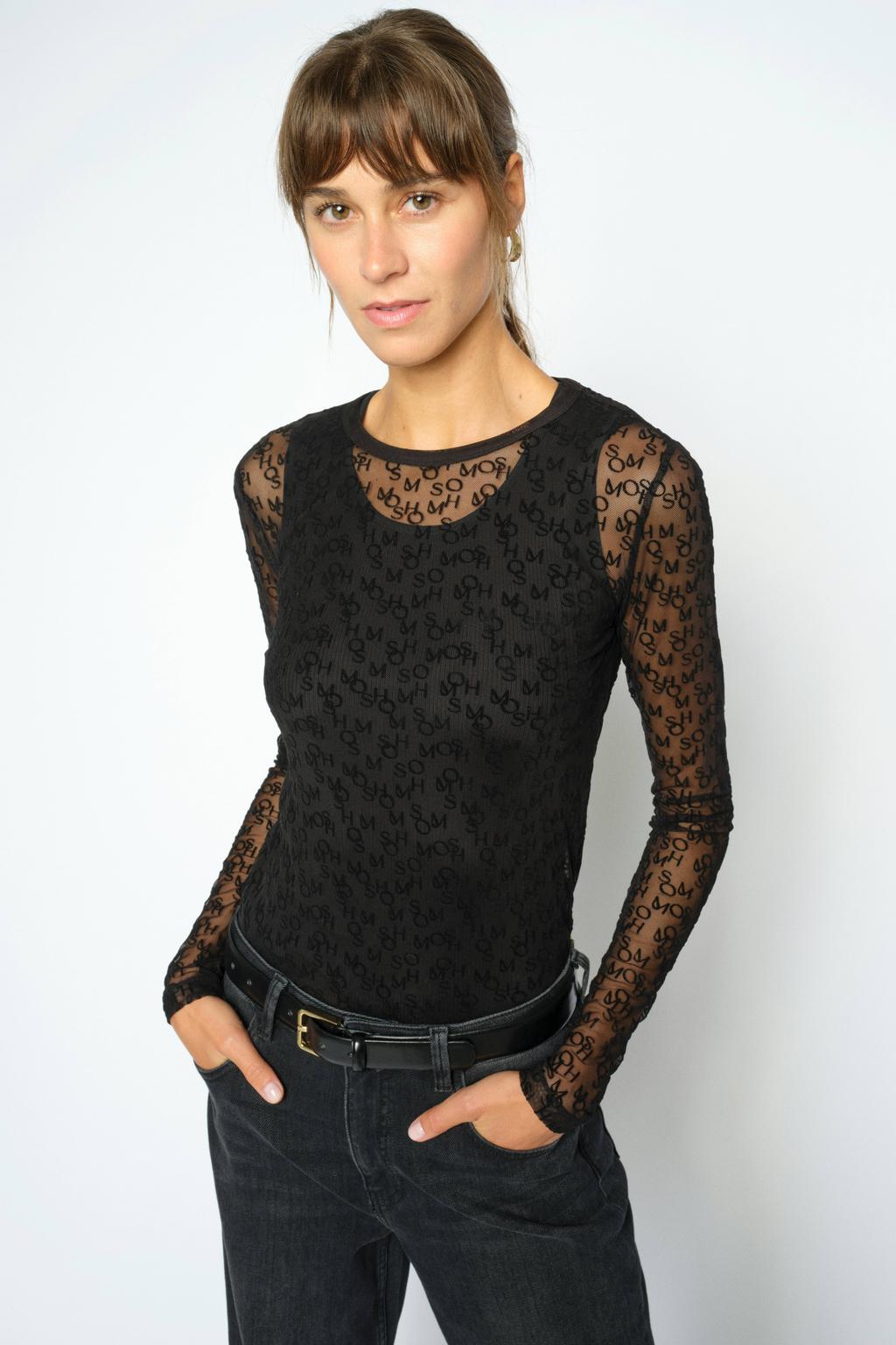 Zwarte dames Mos Mosh top van polyester met lange mouwen en ronde hals