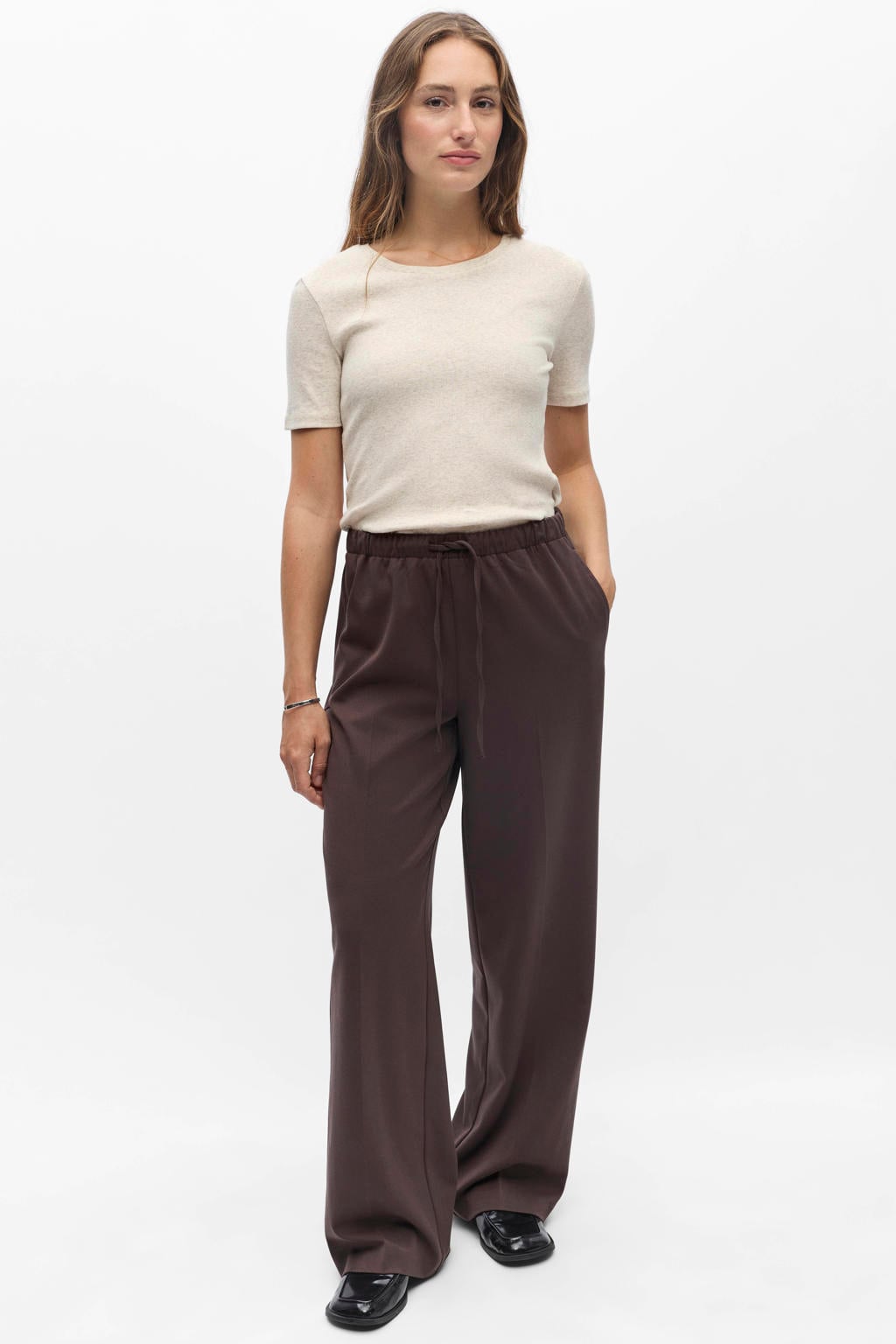 Bruine dames OBJECT wide leg casual broek met effen