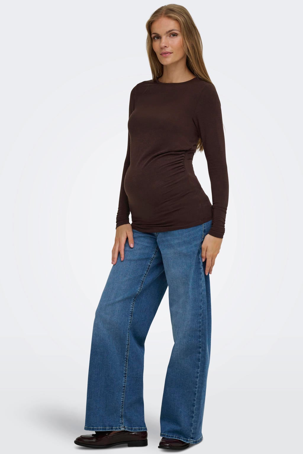 Donkerblauwe dames ONLY MATERNITY zwangerschaps longsleeve van polyester met effen, lange mouwen en ronde hals