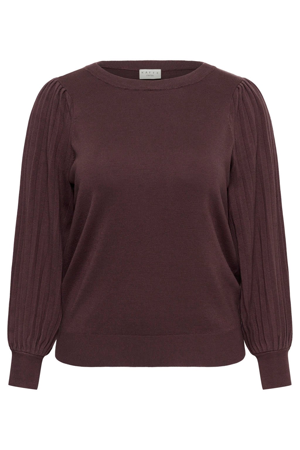 Bruine dames Kaffe Curve pullover Plus Size van viscose met effen, lange mouwen en ingebreid patroon