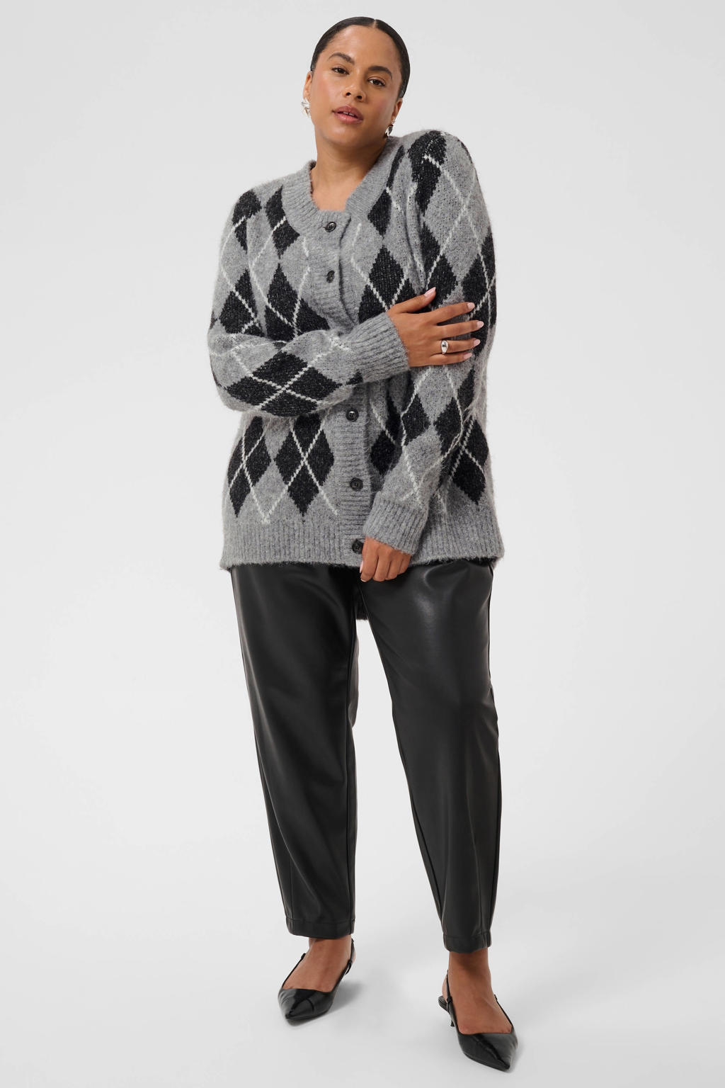 Grijs en zwarte dames Kaffe Curve van wol met ruitenprint, lange mouwen, ronde hals en knoopsluiting